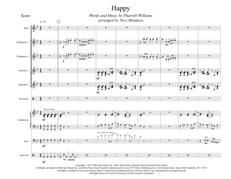 Happy Arranged For Percussion Ensemble Sheet Music