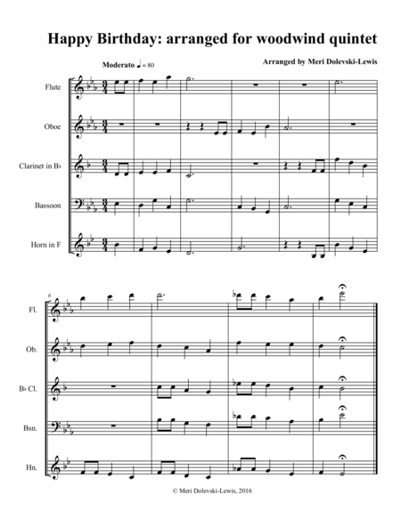 Free Sheet Music Happy Birthday Arranged For Woodwind Quintet