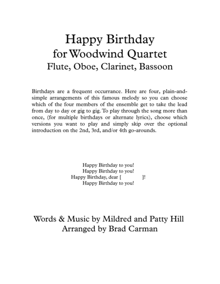 Happy Birthday For Woodwind Quartet Sheet Music