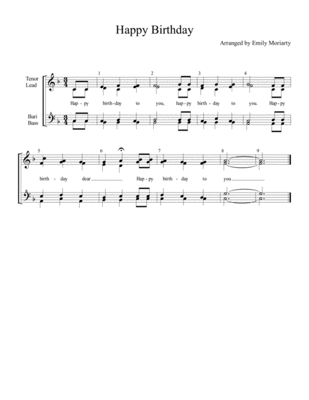 Free Sheet Music Happy Birthday Modern A Cappella Version Womens Barbershop Notation