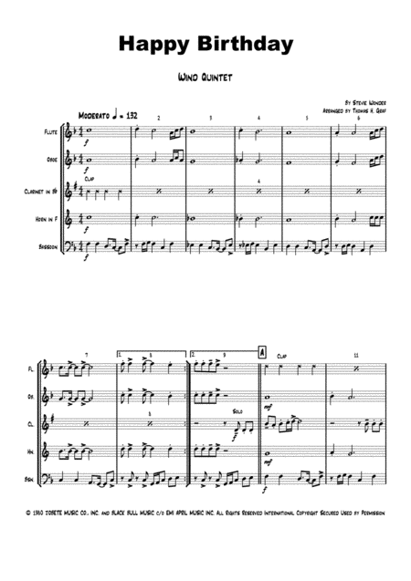 Happy Birthday Stevie Wonder Classic Wind Quintet Sheet Music