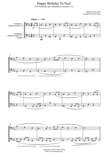 Free Sheet Music Happy Birthday To You For Trombone Duet Bass Clef Duet Suitable For Grades 1 5