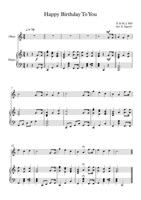 Free Sheet Music Happy Birthday To You Patty Mildred J Hill For Oboe Piano