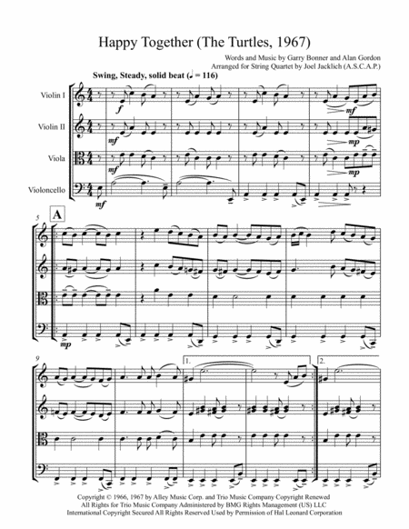 Happy Together By The Turtles Arranged For String Quartet Sheet Music