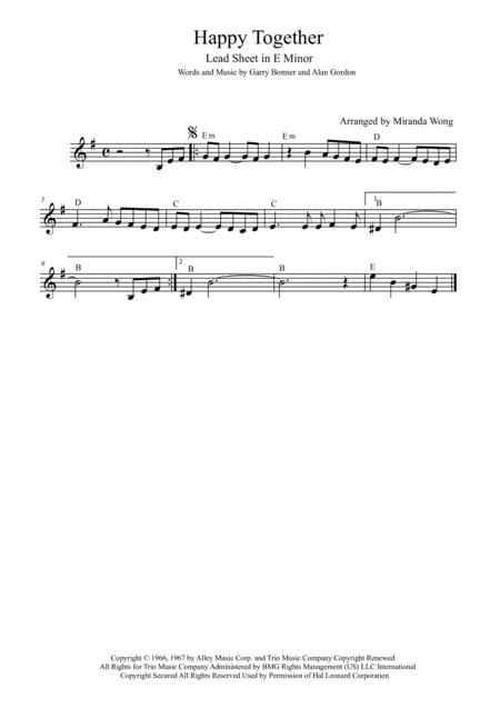 Happy Together Lead Sheet In 3 Different Keys Treble Clef Sheet Music