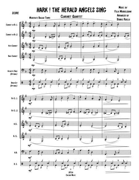 Free Sheet Music Hark The Herald Angels Sing Clarinet Quartet Ssab Sssb W Optional Acoustic Bsss And Drum Set Parts