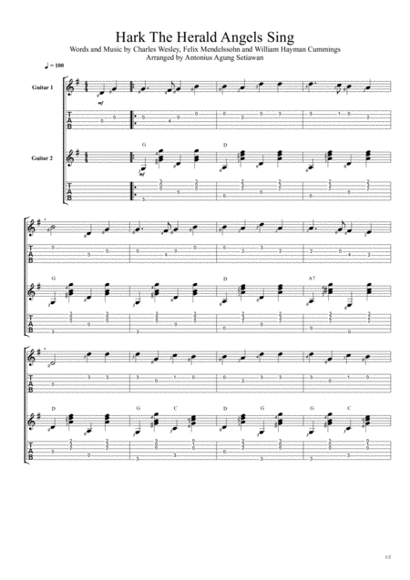 Hark The Herald Angels Sing Fingerstyle Guitar Duet Sheet Music