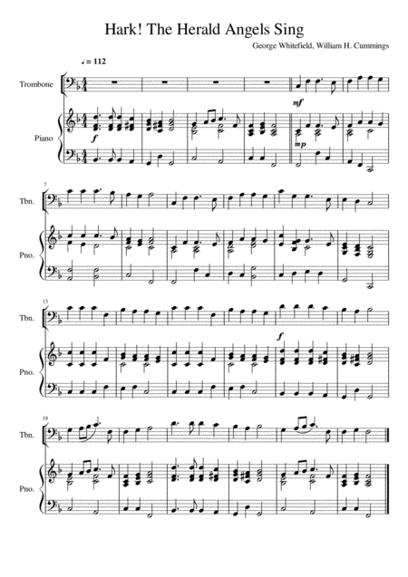 Hark The Herald Angels Sing Trombone Bass Clef Solo Sheet Music