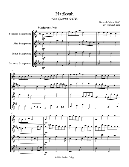 Hatikvah Sax Quartet Satb Sheet Music