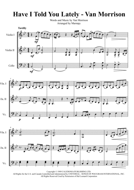 Have I Told You Lately Van Morrison Arranged For String Trio Sheet Music