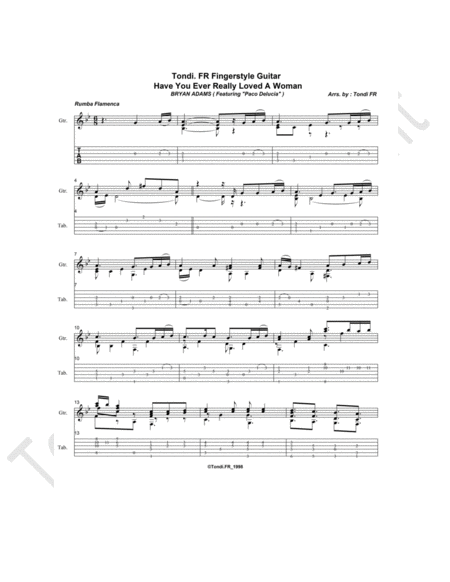 Have You Ever Really Loved A Woman Bryan Adams Tondi Fr Guitar Finger Style Sheet Music