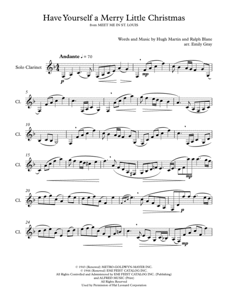 Have Yourself A Merry Little Christmas Solo Clarinet Sheet Music