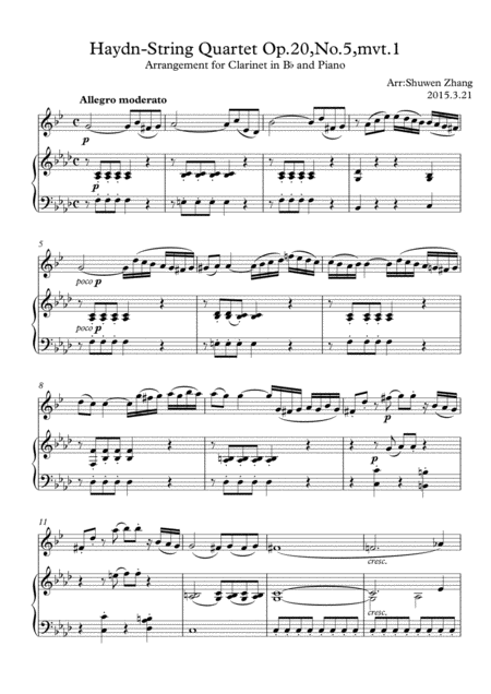 Free Sheet Music Haydn String Quartet Op 20 No 5 Mvt 1 For Clarinet And Piano