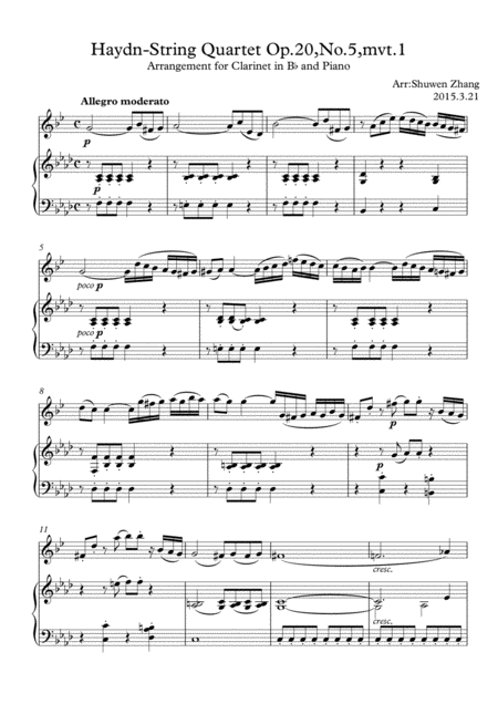 Haydn String Quartet Op 20 No 5 Mvt 1 For Clarinet And Piano Sheet Music