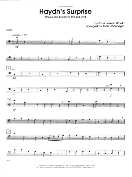 Haydns Surprise Theme From Symphony 94 2nd Mvt Cello Sheet Music