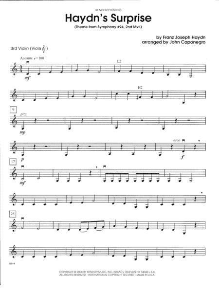 Haydns Surprise Theme From Symphony 94 2nd Mvt Violin 3 Violat C Sheet Music