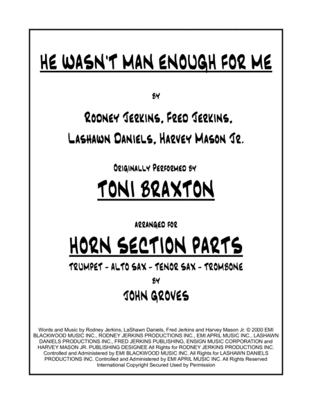 He Wasnt Man Enough For Me Horn Section Parts Trumpet Alto Tenor Sax Trombone Sheet Music