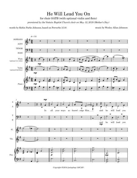 Free Sheet Music He Will Lead You On For Satb And Piano Optional Flute And Violin