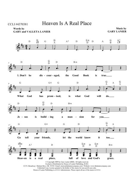 Free Sheet Music Heaven Is A Real Place Lead Sheet With Mel Lyrics And Chords