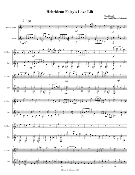 Hebridean Fairys Love Song Tha Mi Sgith Arranged For Alto Recorder And Guitar Sheet Music