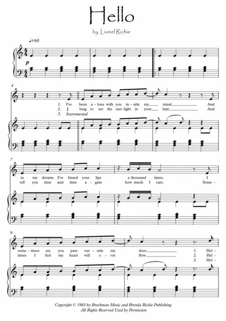 Free Sheet Music Hello By Lionel Ritchie