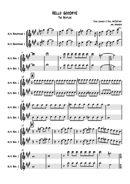 Hello Goodbye The Beatles Two Saxophones Sheet Music