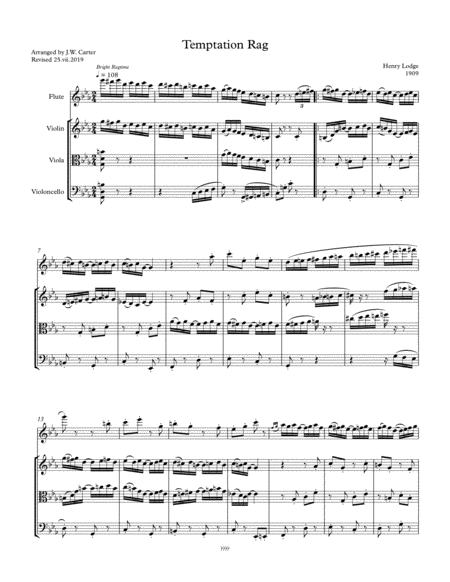 Henry Lodge Temptation Rag Arranged For Flute String Trio Sheet Music