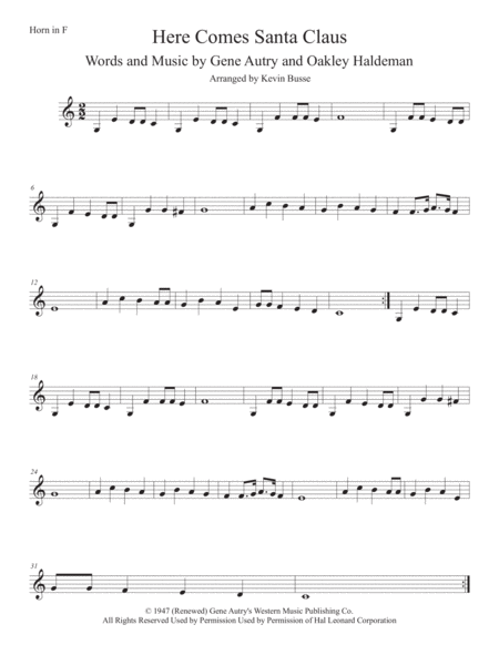 Free Sheet Music Here Comes Santa Claus Easy Key Of C Horn In F