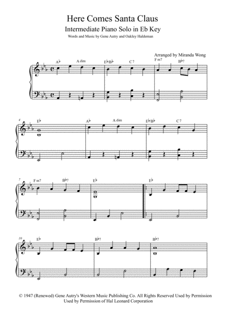 Free Sheet Music Here Comes Santa Claus Right Down Santa Claus Lane Early Intermediate Piano Solo In Eb With Chords