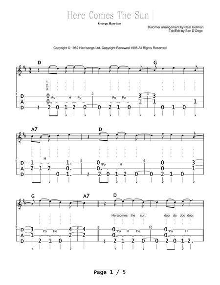 Free Sheet Music Here Comes The Sun For Appalachian Mountain Lap Dulcimer