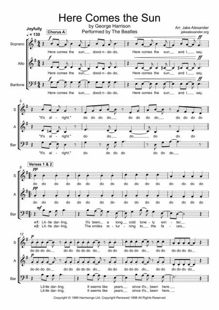 Free Sheet Music Here Comes The Sun Sabar A Cappella