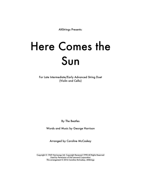 Free Sheet Music Here Comes The Sun Violin And Cello Duet