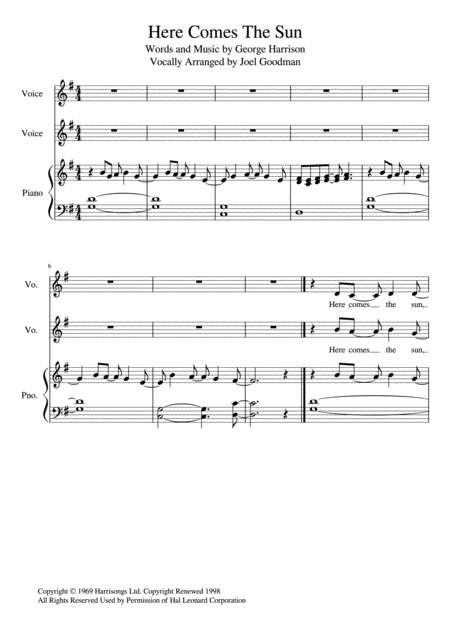 Here Comes The Sun Vocal Duet Sheet Music