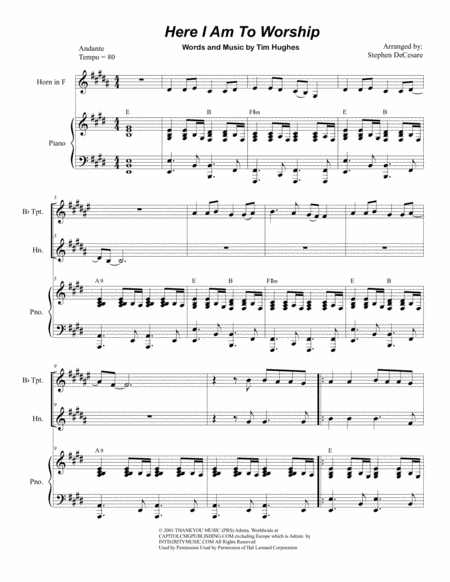 Here I Am To Worship Duet For Bb Trumpet And French Horn Sheet Music