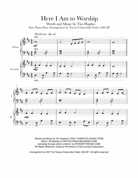 Free Sheet Music Here I Am To Worship Easy Piano Duet