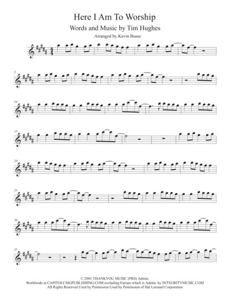 Free Sheet Music Here I Am To Worship Original Key Tenor Sax
