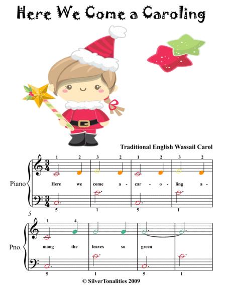 Free Sheet Music Here We Come A Caroling Easiest Piano Sheet Music With Colored Notes