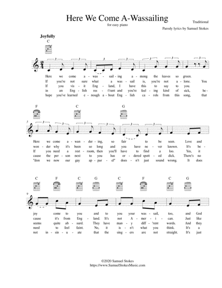 Here We Come A Wassailing The American Edition Lead Sheet As Heard On Dr Demento Show Sheet Music