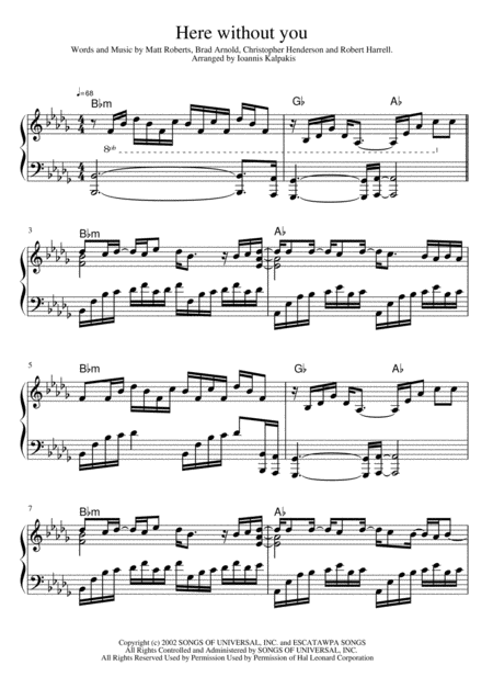 Free Sheet Music Here Without You Solo Piano