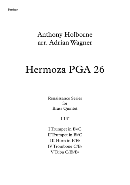 Hermoza Pga 26 Anthony Holborne Brass Quintet Arr Adrian Wagner Sheet Music