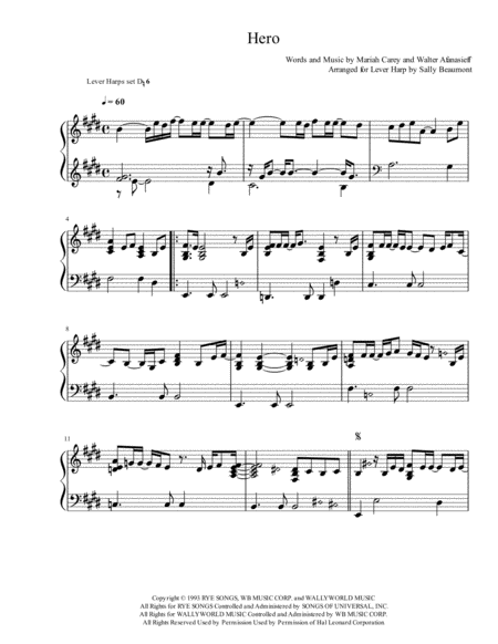 Free Sheet Music Hero Mariah Carey Lever Harp Arrangement