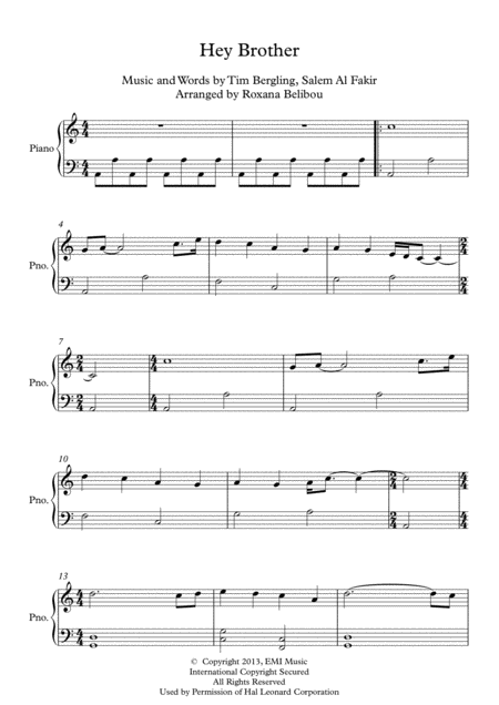 Hey Brother A Minor By Avicii Easy Piano Sheet Music