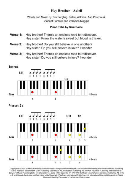 Hey Brother By Avicii Piano Tab Sheet Music