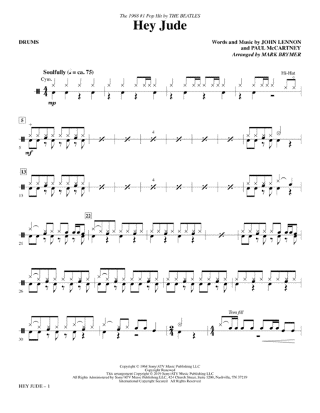 Hey Jude Arr Mark Brymer Drums Sheet Music