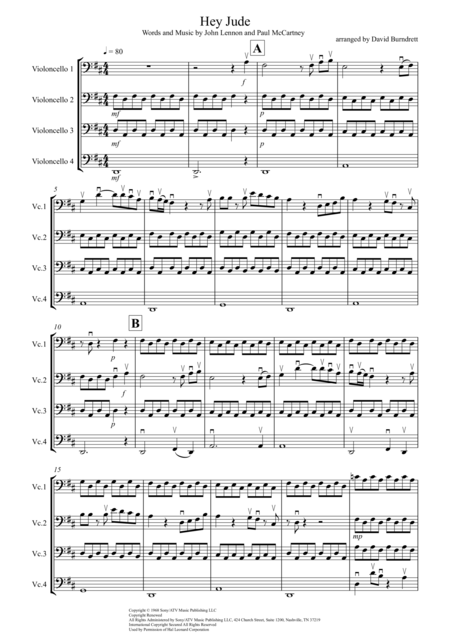 Hey Jude For Cello Quartet Sheet Music