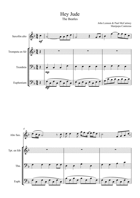 Free Sheet Music Hey Jude The Beatles Alto Saxophone Trumpet Trombone And Euphonium