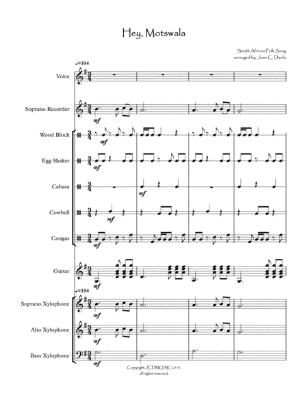 Hey Motswala African Folk Song Arranged For Orff Ensemble Sheet Music