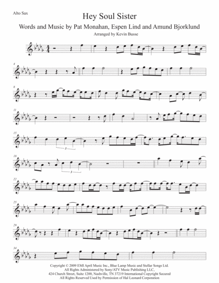 Free Sheet Music Hey Soul Sister Alto Sax Original Key