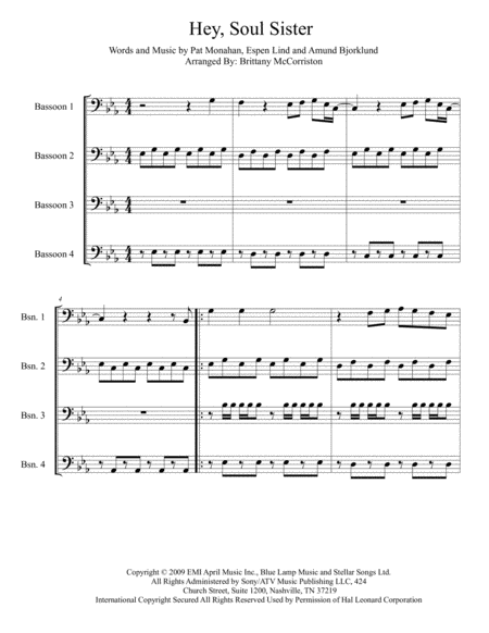 Hey Soul Sister Bassoon Quartet Sheet Music