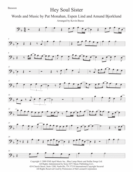 Hey Soul Sister Bassoon Sheet Music